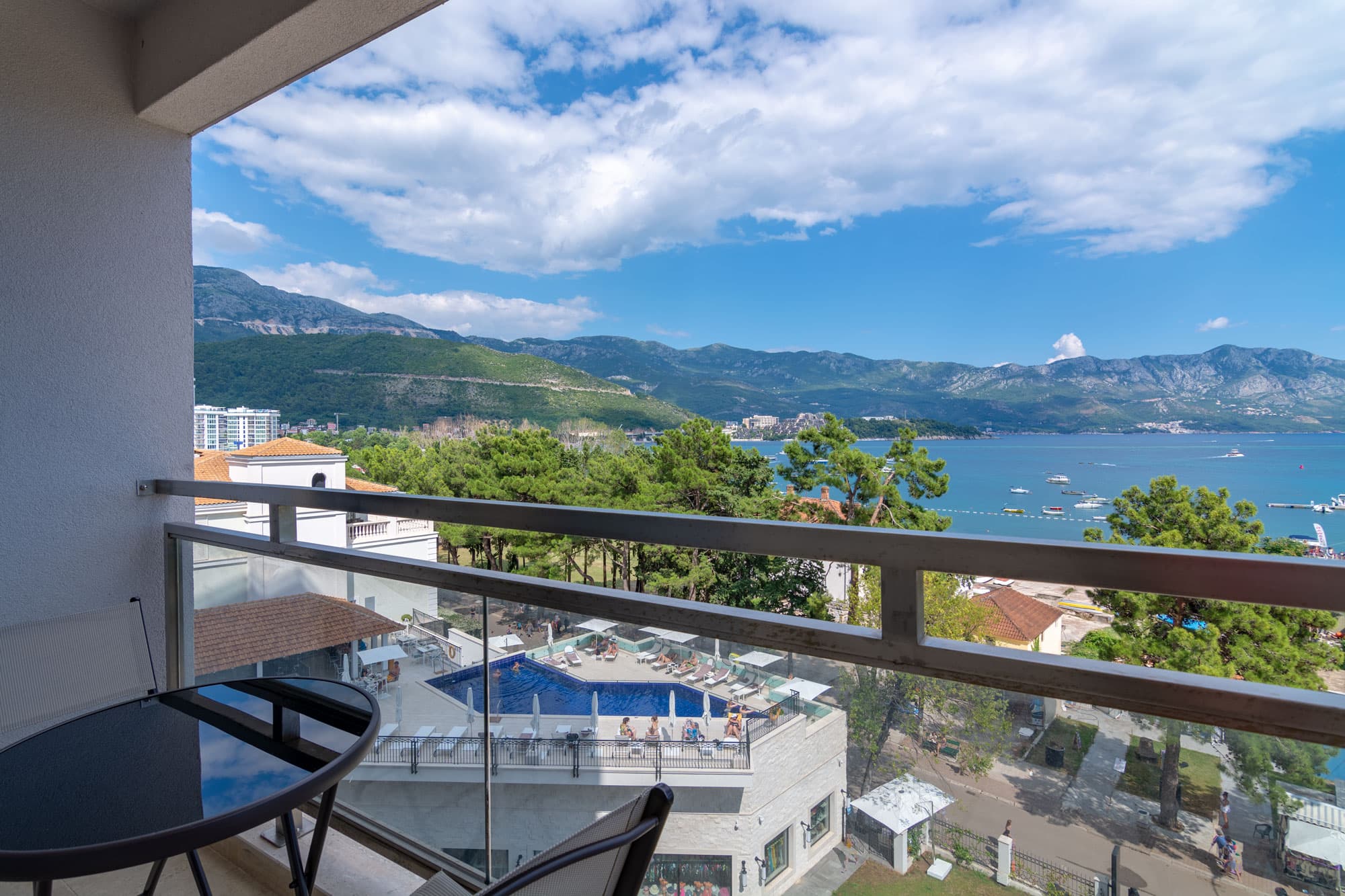 Panoramic sea view from the balcony of Seaview Grand Apartment in Budva, Montenegro
